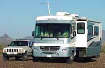 Our RV and Jeep at campsite near Quartzite, Arizona